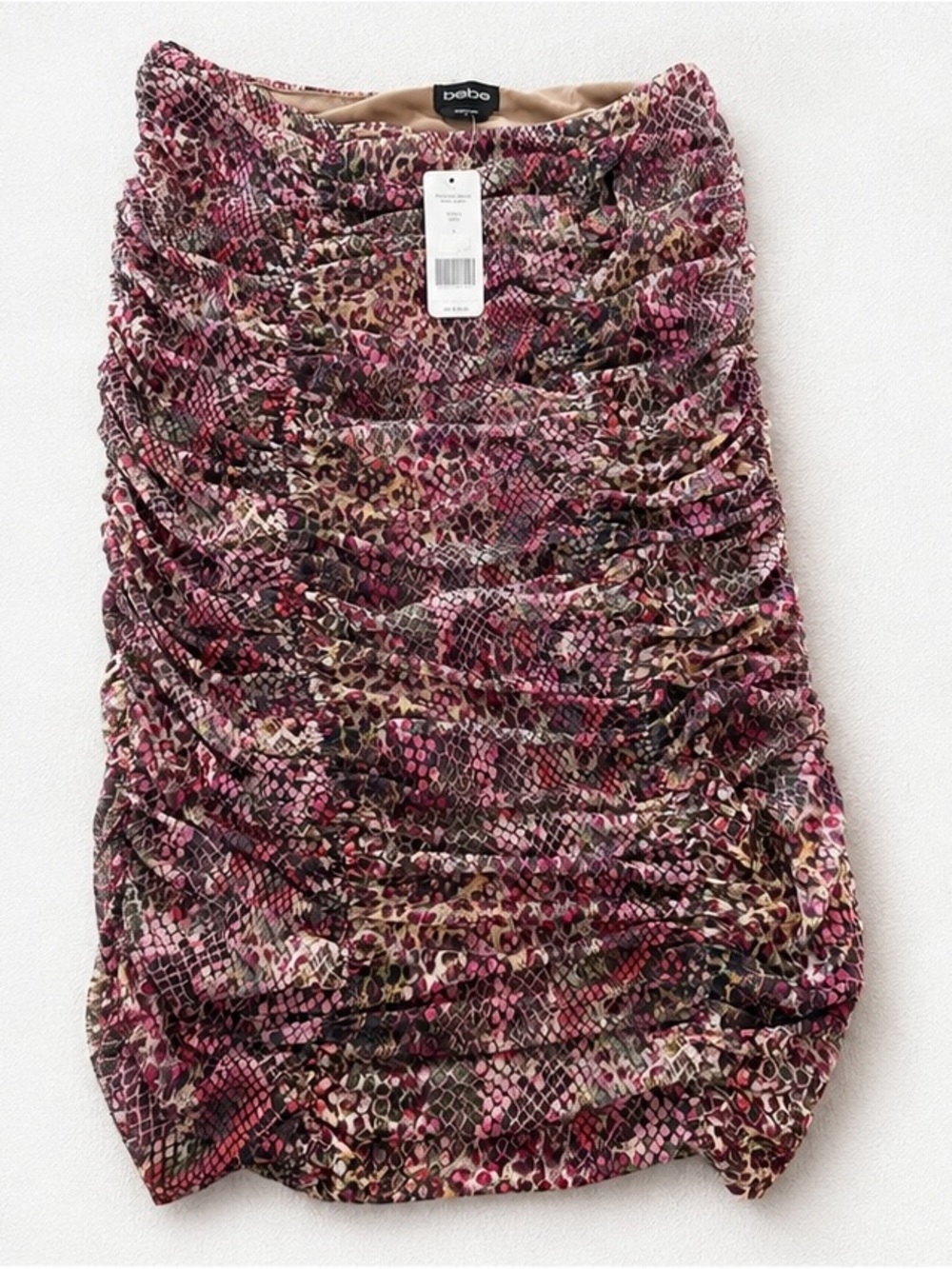 NWT Bebe Ruched Mesh Midi Skirt Pink Animal Print Bodycon Size Large